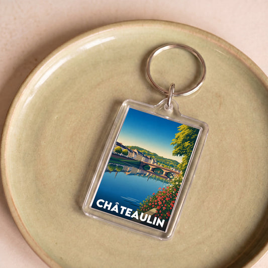 Porte-clés souvenir de la ville de Châteaulin avec une illustration stylisée.
