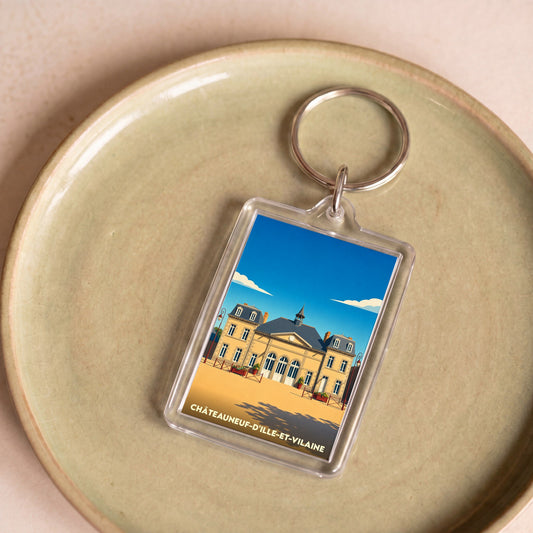 Porte-clés souvenir de Châteauneuf-d'Ille-et-Vilaine avec une illustration stylisée de son patrimoine.