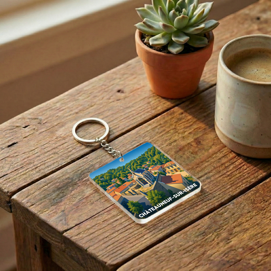 Porte-clés souvenir de la ville de Châteauneuf-sur-Isère avec une illustration stylisée.