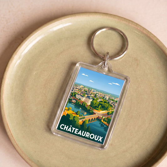 Porte-clés souvenir de la ville de Châteauroux avec une illustration stylisée.