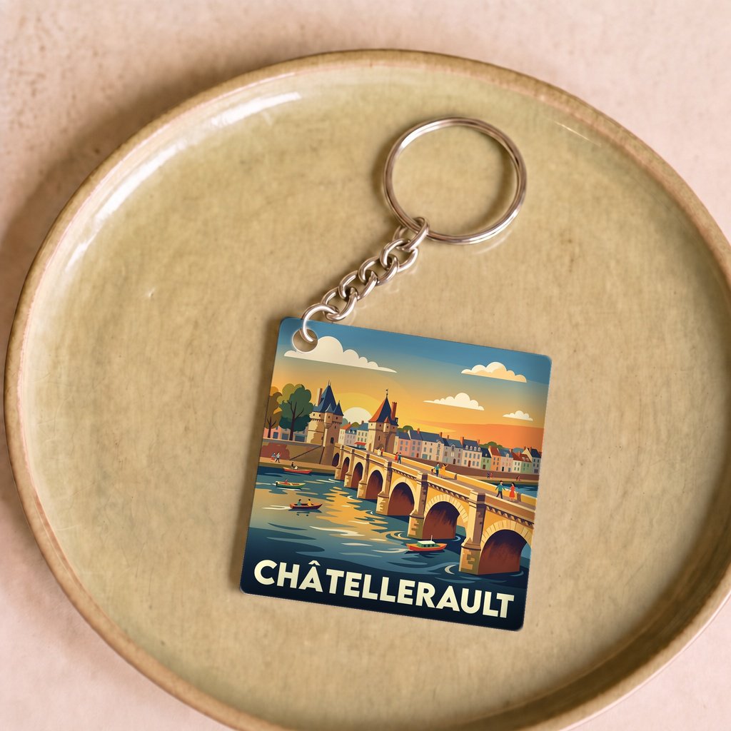 Porte-clés souvenir de la ville de Châtellerault avec une illustration stylisée.