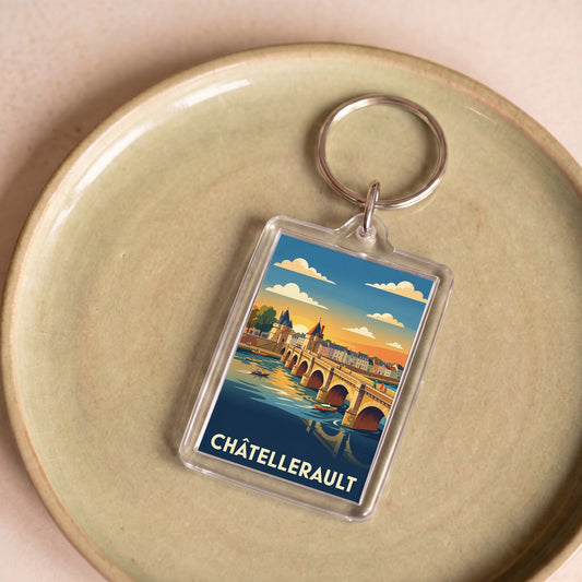 Porte-clés souvenir de la ville de Châtellerault avec une illustration stylisée.