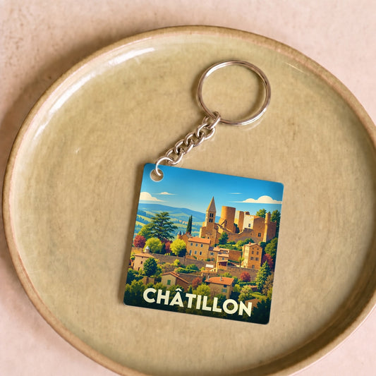 Porte-clés souvenir de la ville de Châtillon avec une illustration stylisée de son patrimoine médiéval.