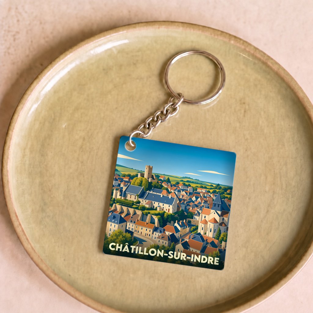 Porte-clés souvenir de la ville de Châtillon-sur-Indre avec une illustration stylisée.
