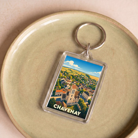 Porte-clés souvenir de la ville de Chavenay avec une illustration stylisée.
