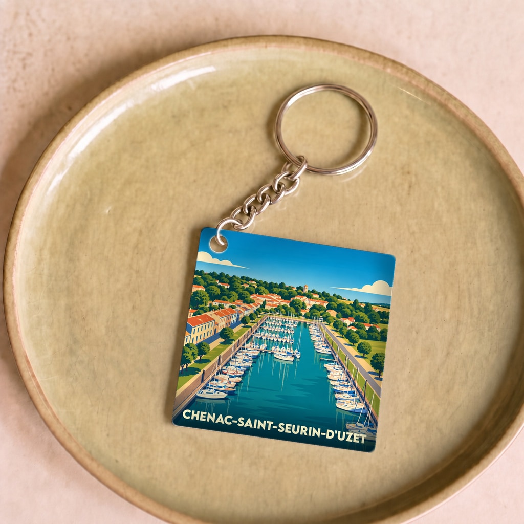 Porte-clés souvenir de Chenac-Saint-Seurin-d'Uzet avec une illustration stylisée de son port.