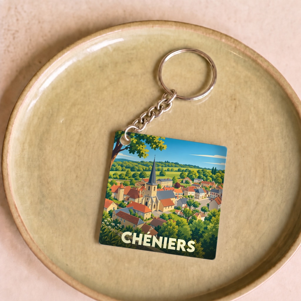 Porte-clés souvenir de la ville de Chéniers avec une illustration stylisée de son église et de ses maisons.