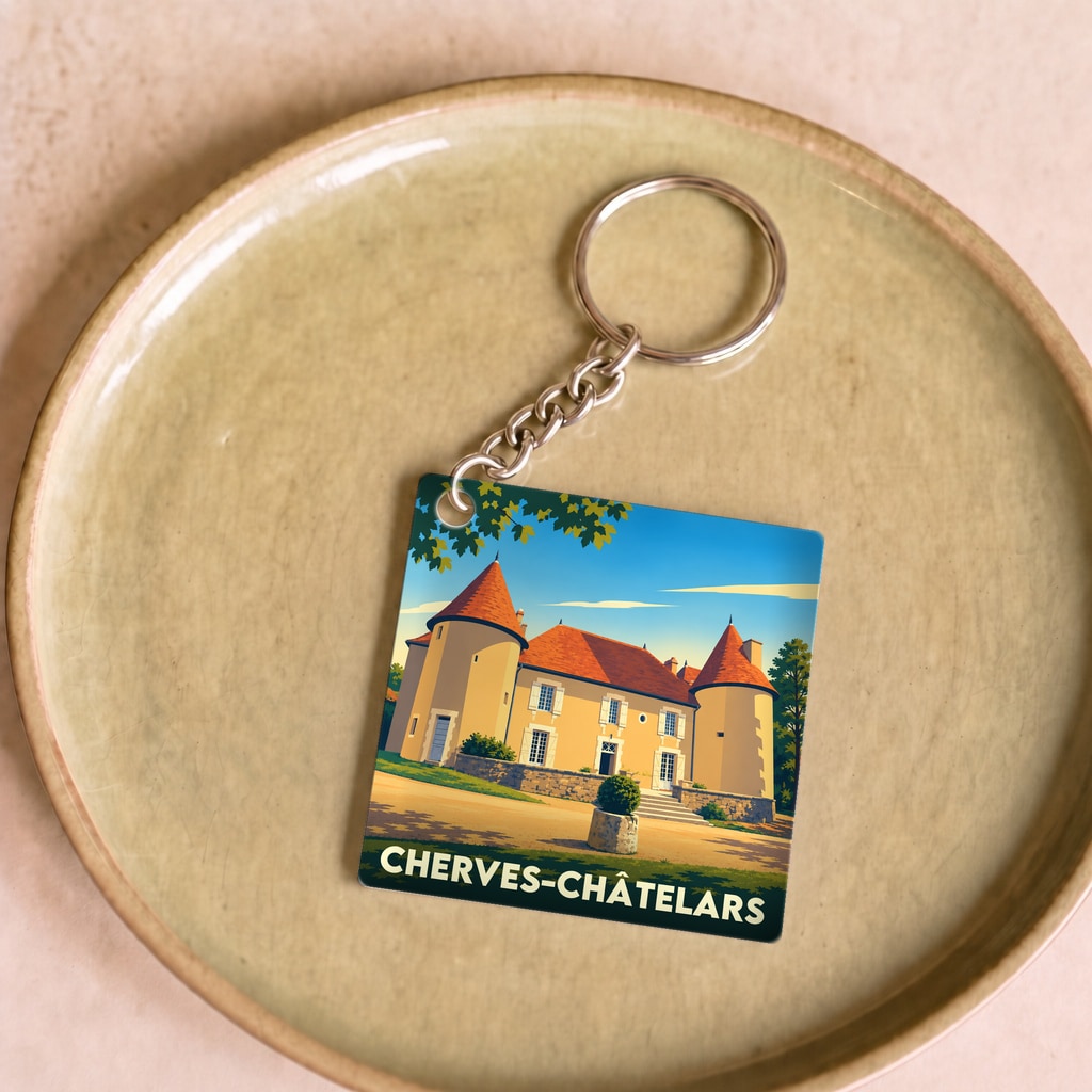 Porte-clés souvenir de la ville de Cherves-Châtelars avec une illustration stylisée de son château.