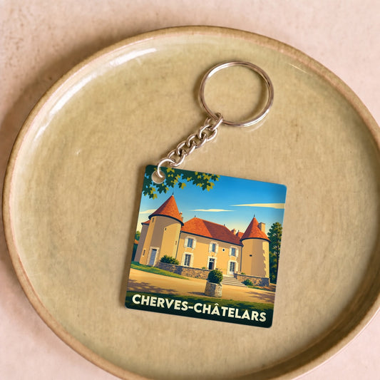 Porte-clés souvenir de la ville de Cherves-Châtelars avec une illustration stylisée de son château.