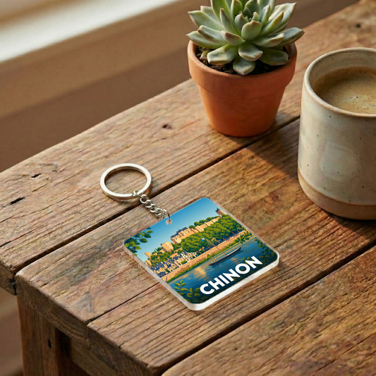 Porte-clés souvenir de la ville de Chinon avec une illustration stylisée du château et de la Vienne.