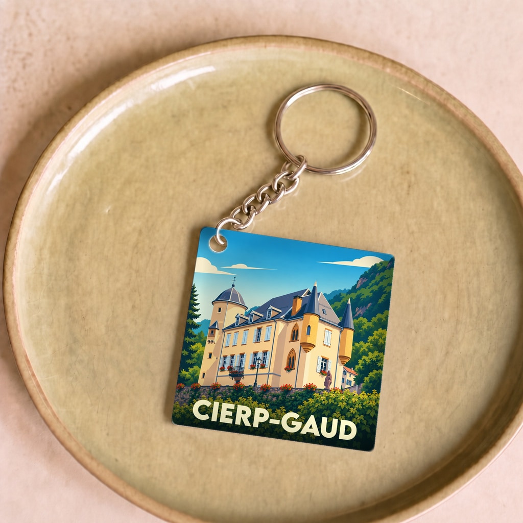 Porte-clés souvenir de la ville de Cierp-Gaud avec une illustration stylisée de son château.