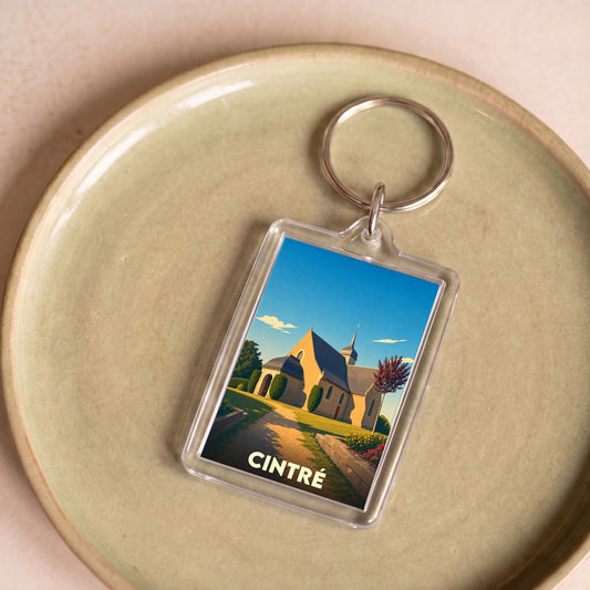 Porte-clés souvenir de la ville de Cintré avec une illustration stylisée de son église.