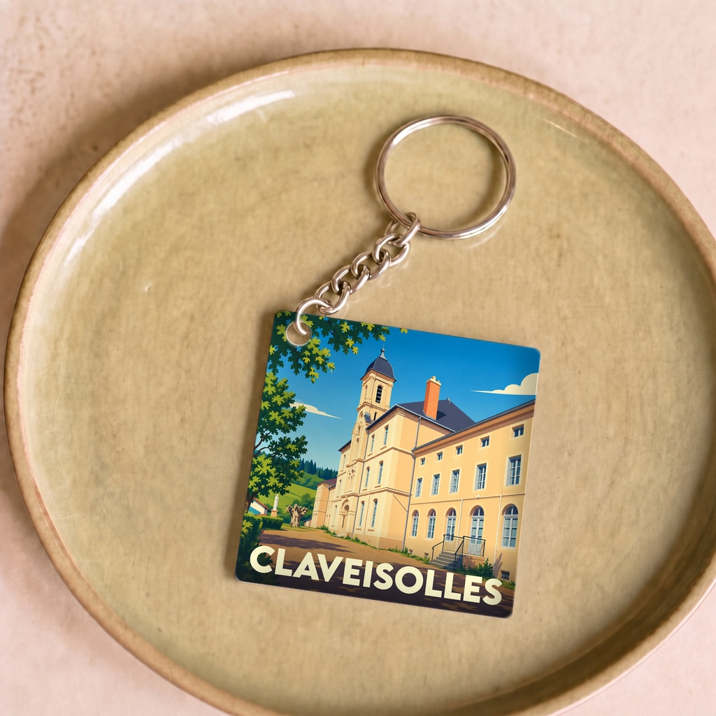 Porte-clés souvenir de la ville de Claveisolles avec une illustration stylisée.