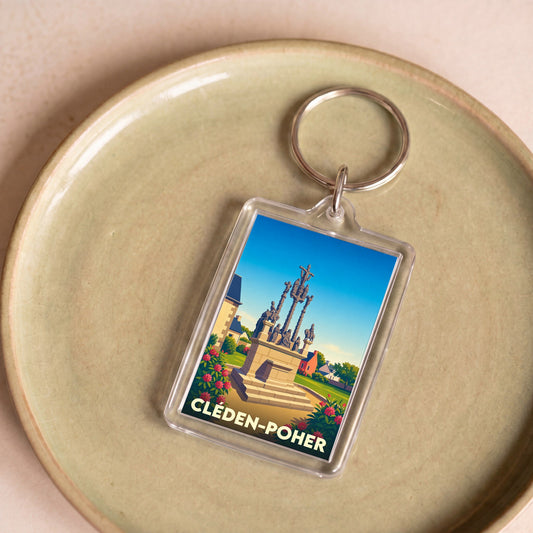 Porte-clés souvenir de la ville de Cléden-Poher avec une illustration stylisée de son calvaire.