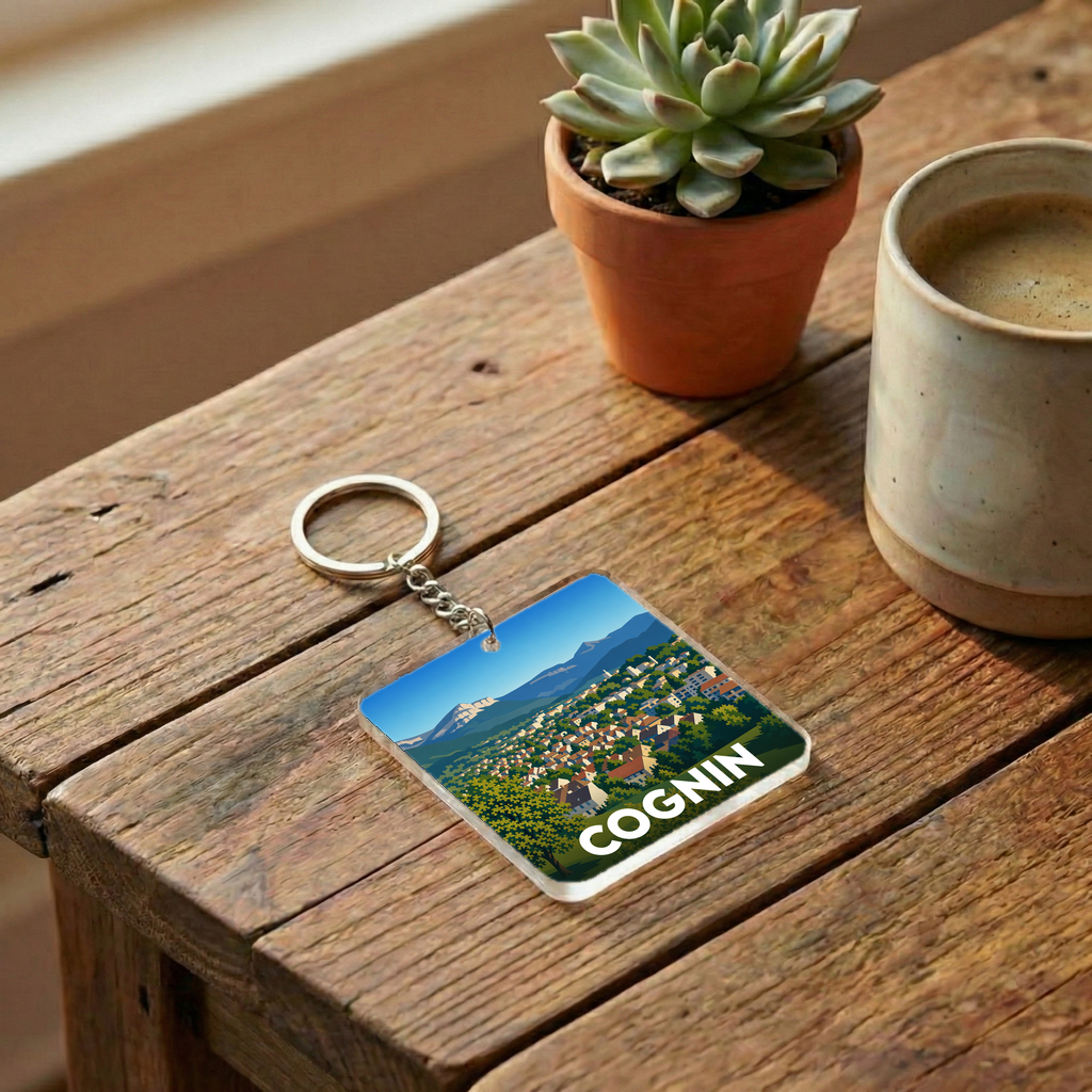 Porte-clés souvenir de la ville de Cognin avec une illustration stylisée de son paysage.