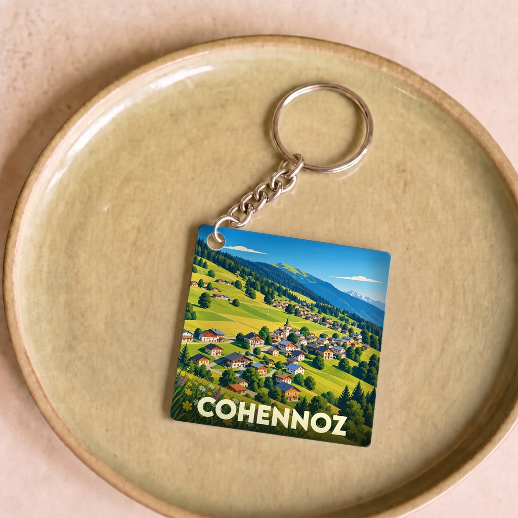 Porte-clés souvenir de la ville de Cohennoz avec une illustration stylisée d'un village de montagne.