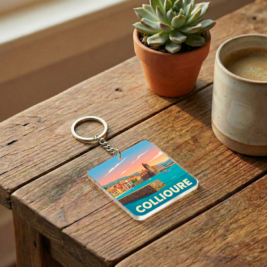 Porte-clés souvenir de la ville de Collioure avec une illustration stylisée de son front de mer.