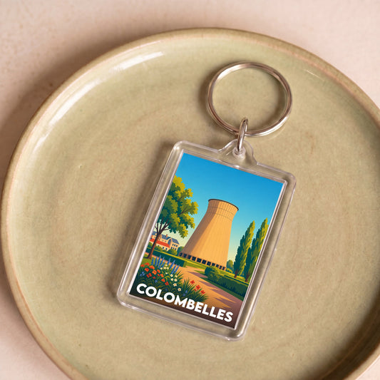 Porte-clés souvenir de la ville de Colombelles avec une illustration stylisée d'une tour de refroidissement.