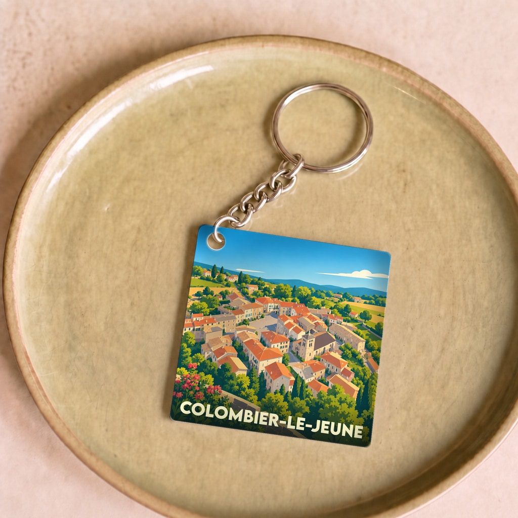 Porte-clés souvenir de la ville de Colombier-le-Jeune avec une illustration stylisée du village.