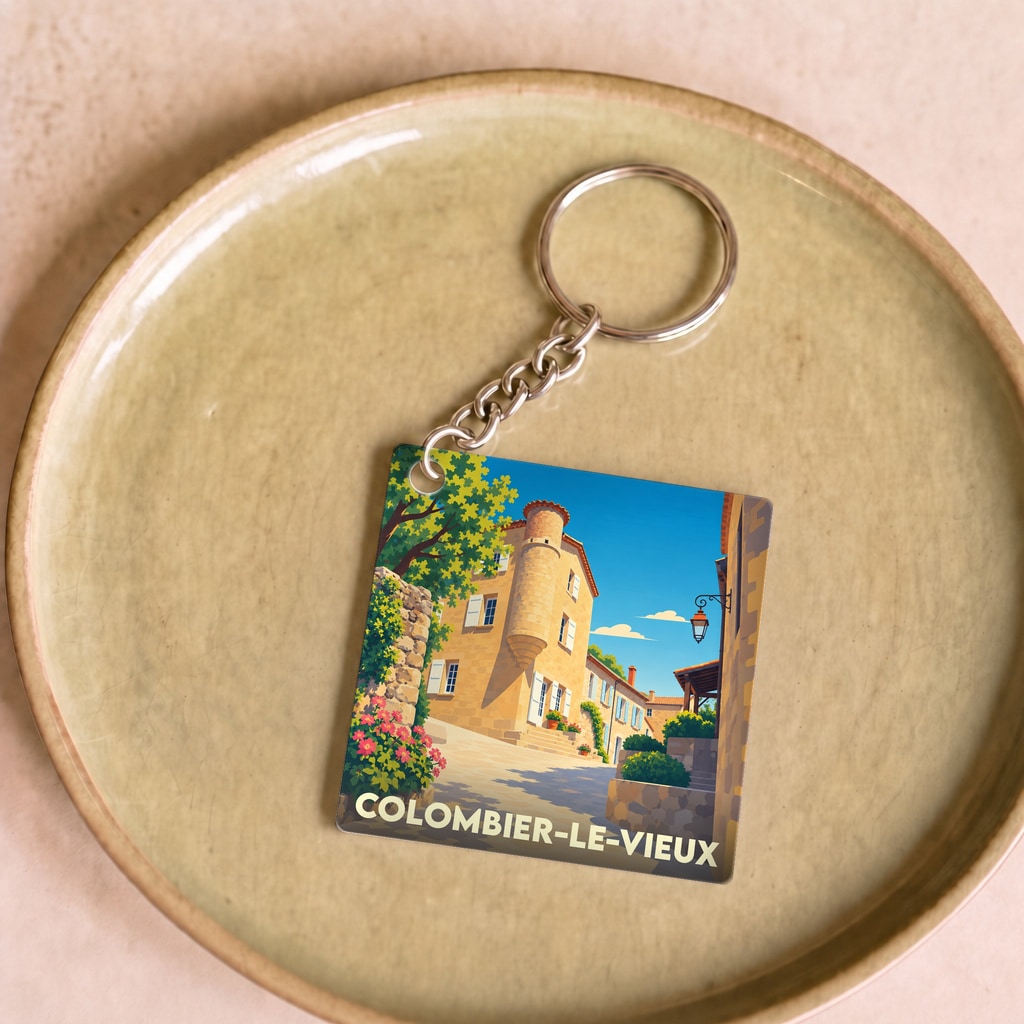 Porte-clés souvenir de la ville de Colombier-le-Vieux avec une illustration stylisée d'une rue pittoresque.