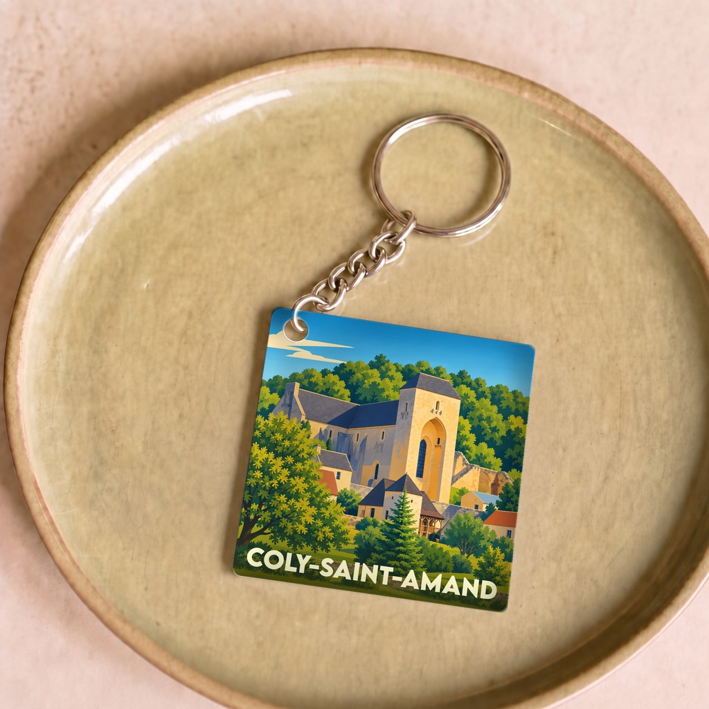 Porte-clés souvenir de la ville de Coly-Saint-Amand avec une illustration stylisée de son église fortifiée.