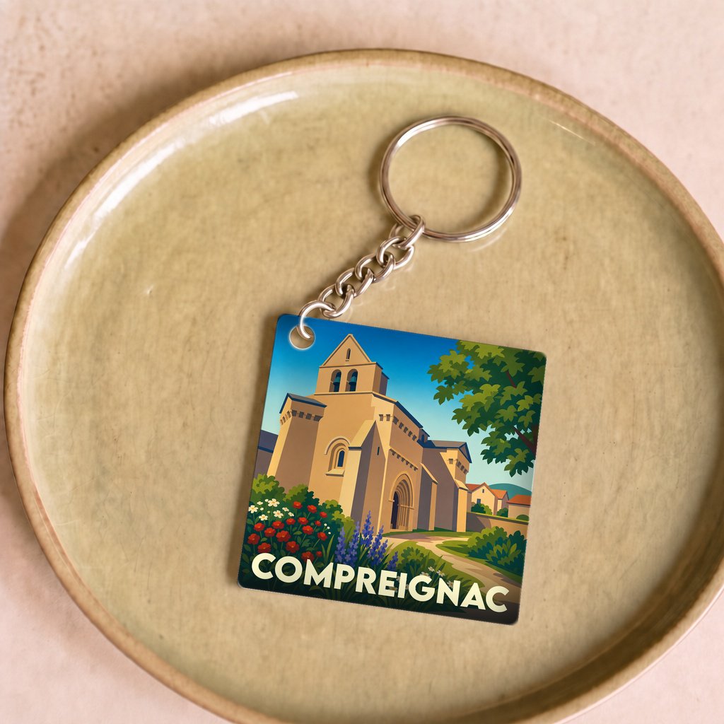 Porte-clés souvenir de la ville de Compreignac avec une illustration stylisée de son église fortifiée.