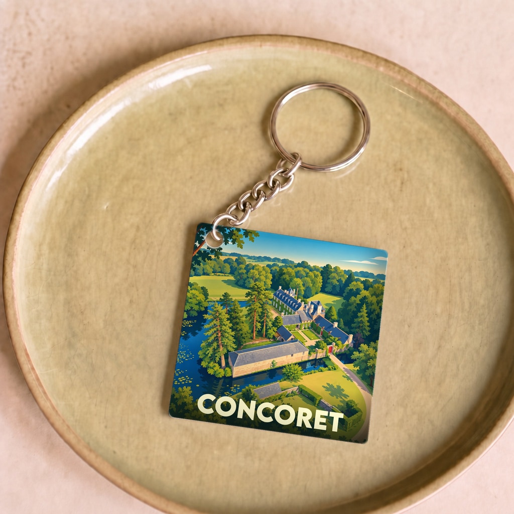 Porte-clés souvenir de la ville de Concoret avec une illustration stylisée d'un domaine entouré de forêt.