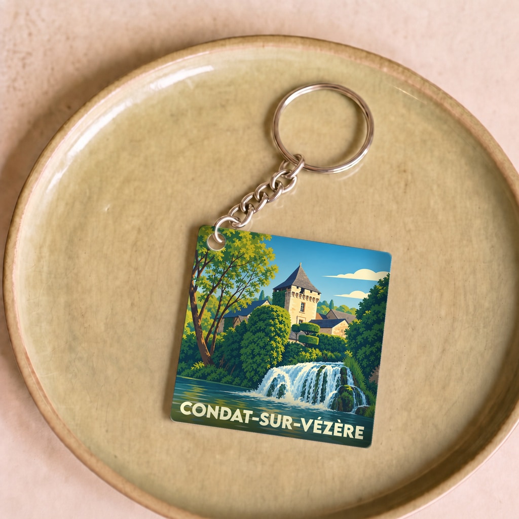 Porte-clés souvenir de Condat-sur-Vézère avec une illustration stylisée d'un moulin et de sa cascade.