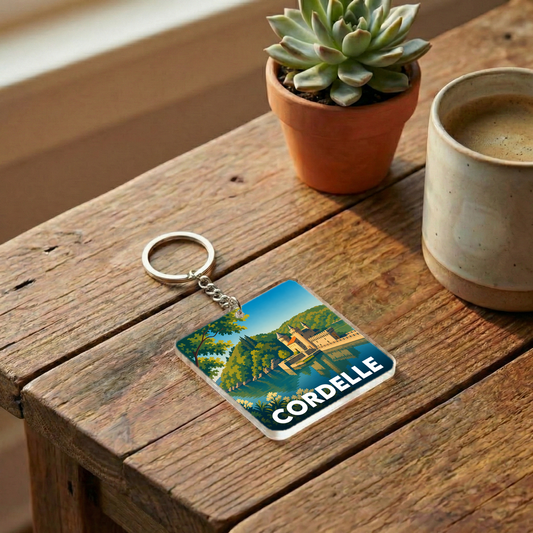 Porte-clés souvenir de la ville de Cordelle avec une illustration stylisée.