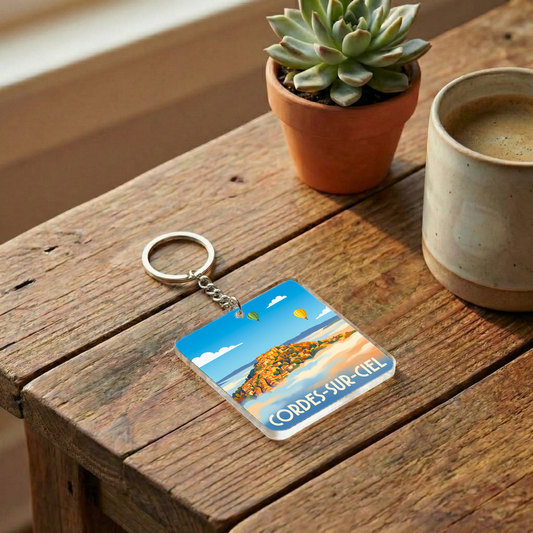 Porte-clés souvenir de la ville de Cordes-sur-Ciel avec une illustration stylisée.