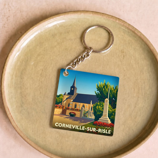 Porte-clés souvenir de la ville de Corneville-sur-Risle avec une illustration stylisée.