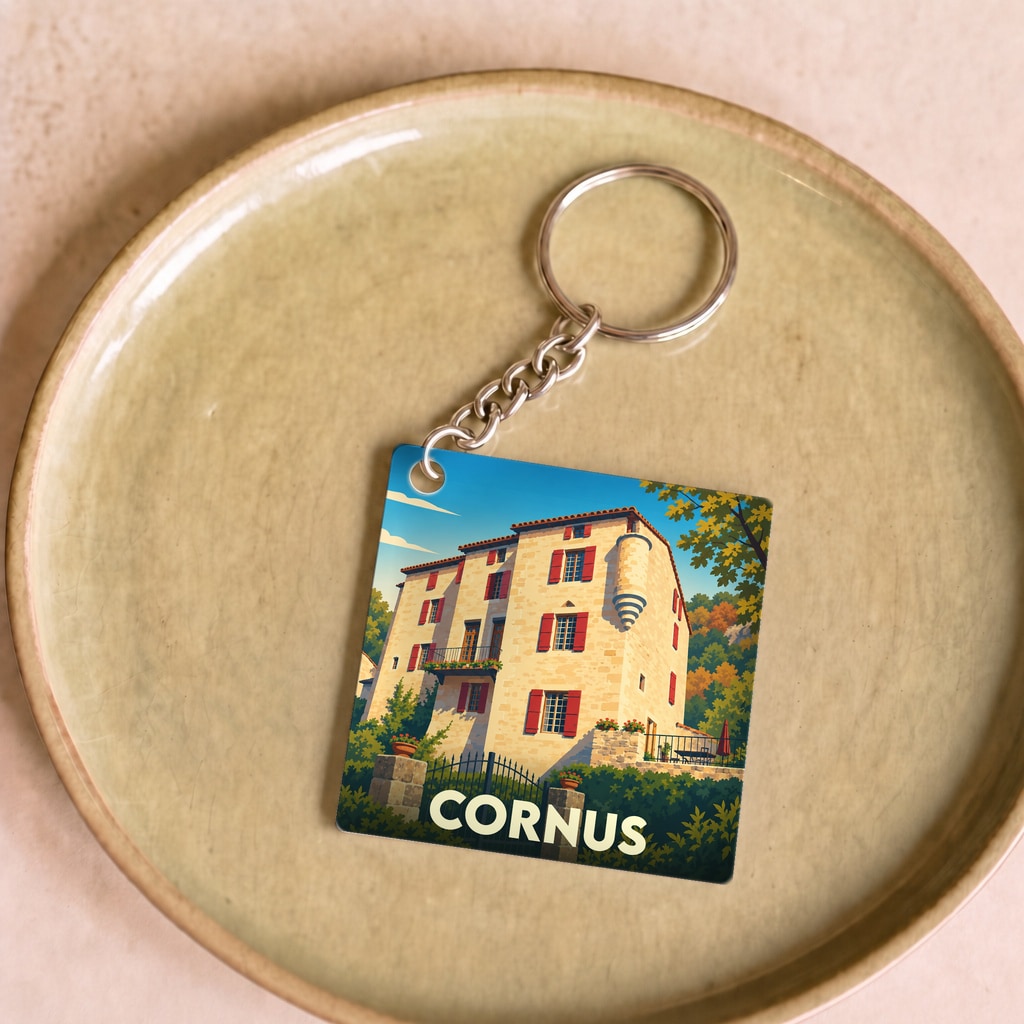 Porte-clés souvenir de la ville de Cornus avec une illustration stylisée d'une bâtisse historique.