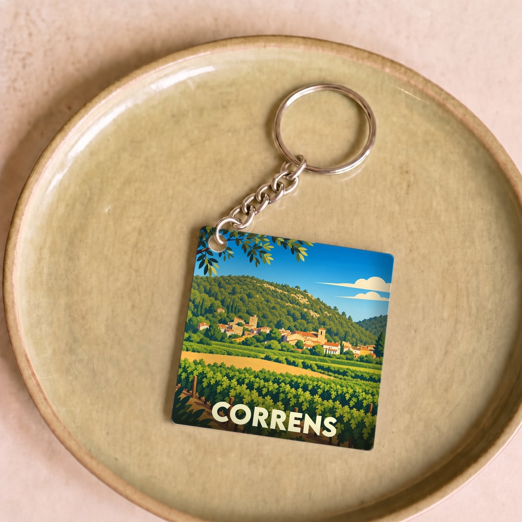 Porte-clés souvenir de la ville de Correns avec une illustration stylisée d'un paysage provençal.
