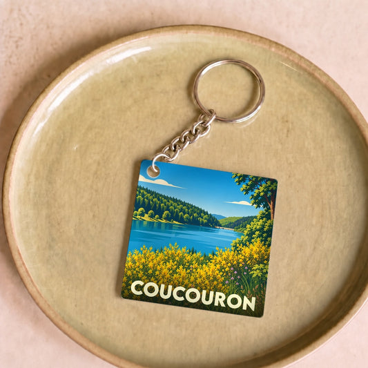 Porte-clés souvenir de la ville de Coucouron avec une illustration stylisée d'un lac bordé de fleurs jaunes.