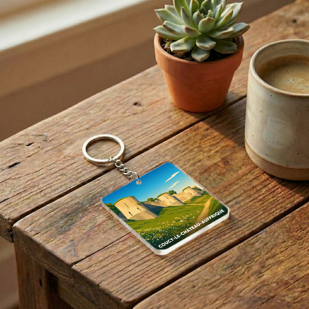 Porte-clés souvenir de la ville de Coucy-le-Château-Auffrique avec une illustration stylisée.