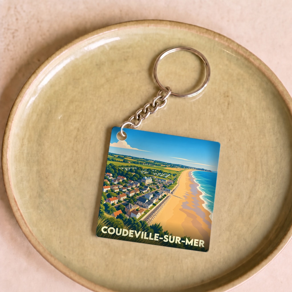Porte-clés souvenir de la ville de Coudeville-sur-Mer avec une illustration stylisée de sa côte et de sa plage.