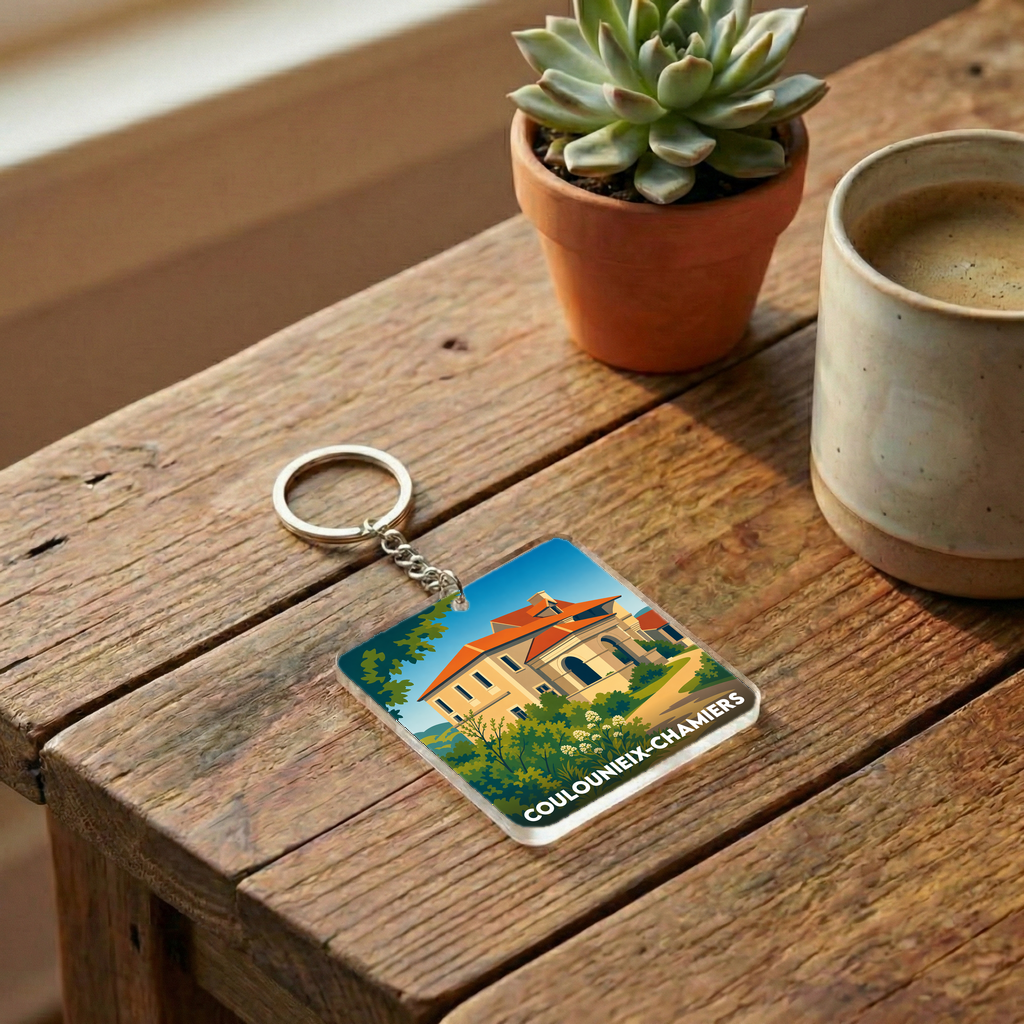 Porte-clés souvenir de la ville de Coulounieix-Chamiers avec une illustration stylisée.