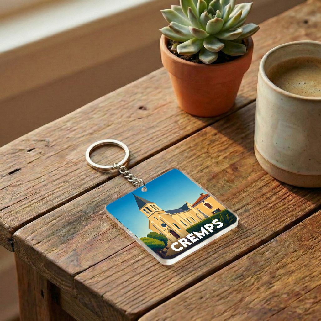 Porte-clés souvenir de la ville de Cremps avec une illustration stylisée.