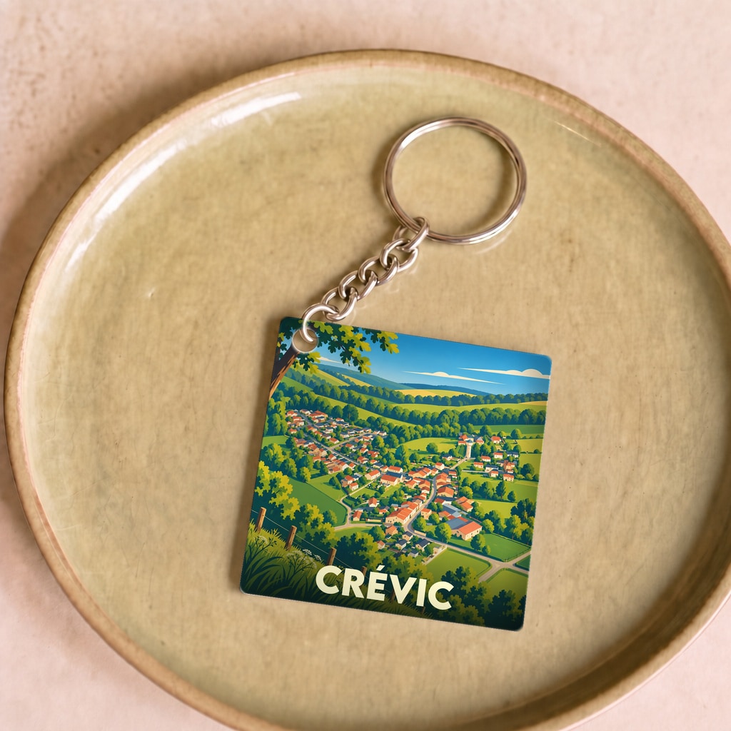 Porte-clés souvenir de la ville de Crévic avec une illustration stylisée de son paysage urbain et rural.