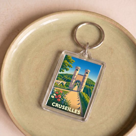 Porte-clés souvenir de la ville de Cruseilles avec une illustration stylisée du pont de la Caille.