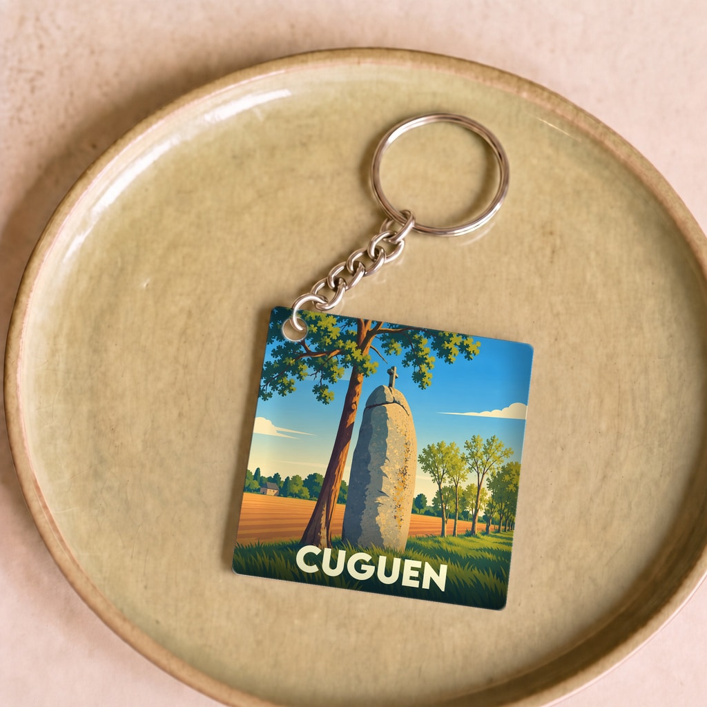 Porte-clés souvenir de la ville de Cuguen illustrant un menhir stylisé dans un paysage de campagne.