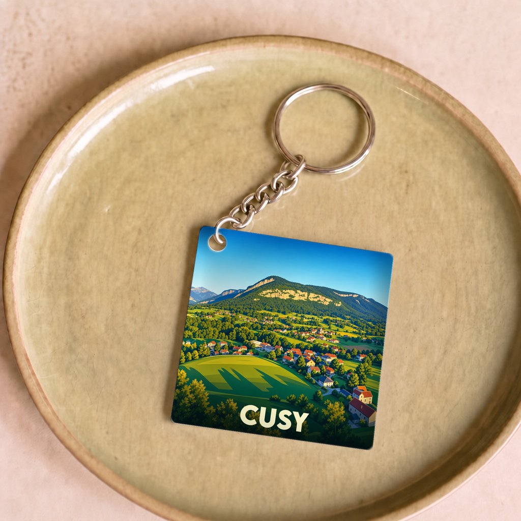 Porte-clés souvenir de la ville de Cusy avec une illustration de paysage de montagne.