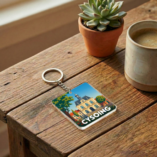 Porte-clés souvenir de la ville de Cysoing avec une illustration stylisée.