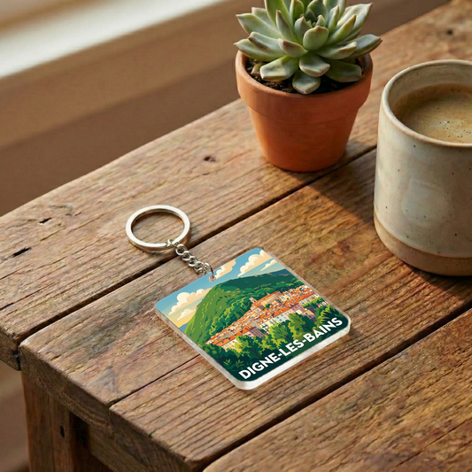 Porte-clés souvenir de la ville de Digne-les-Bains avec une illustration stylisée.