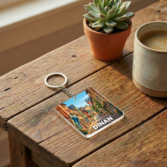 Porte-clés souvenir de la ville de Dinan avec une illustration stylisée.