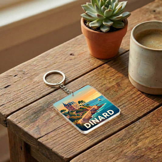 Porte-clés souvenir de la ville de Dinard avec une illustration stylisée.