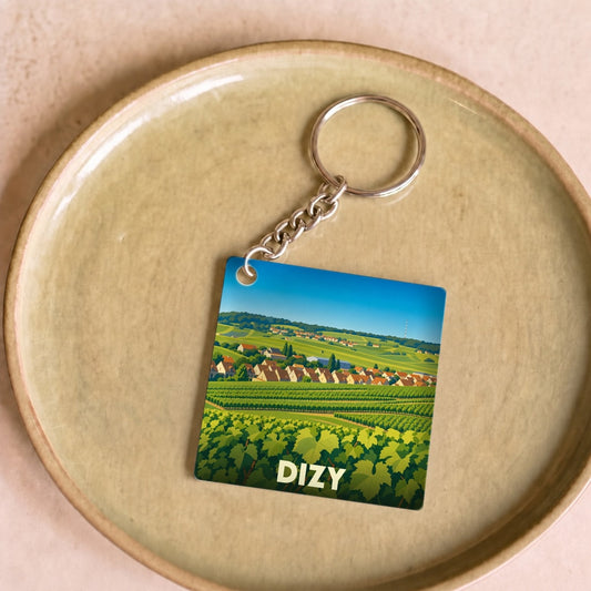 Porte-clés souvenir de la ville de Dizy avec une illustration stylisée de son vignoble.