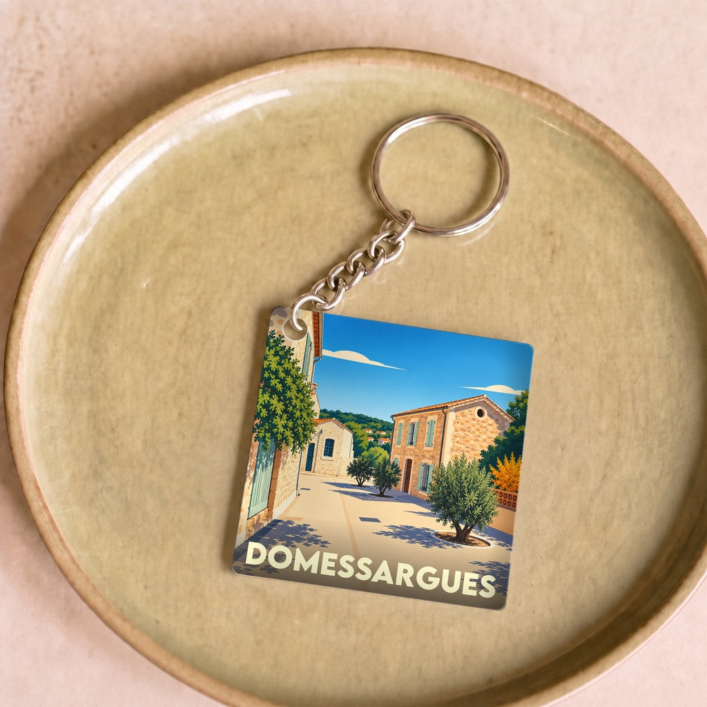 Porte-clés souvenir de la ville de Domessargues avec une illustration stylisée d'une ruelle ensoleillée.