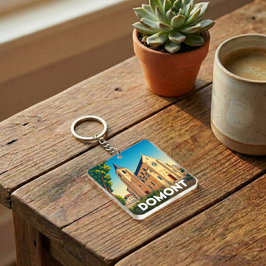 Porte-clés souvenir de la ville de Domont avec une illustration stylisée.