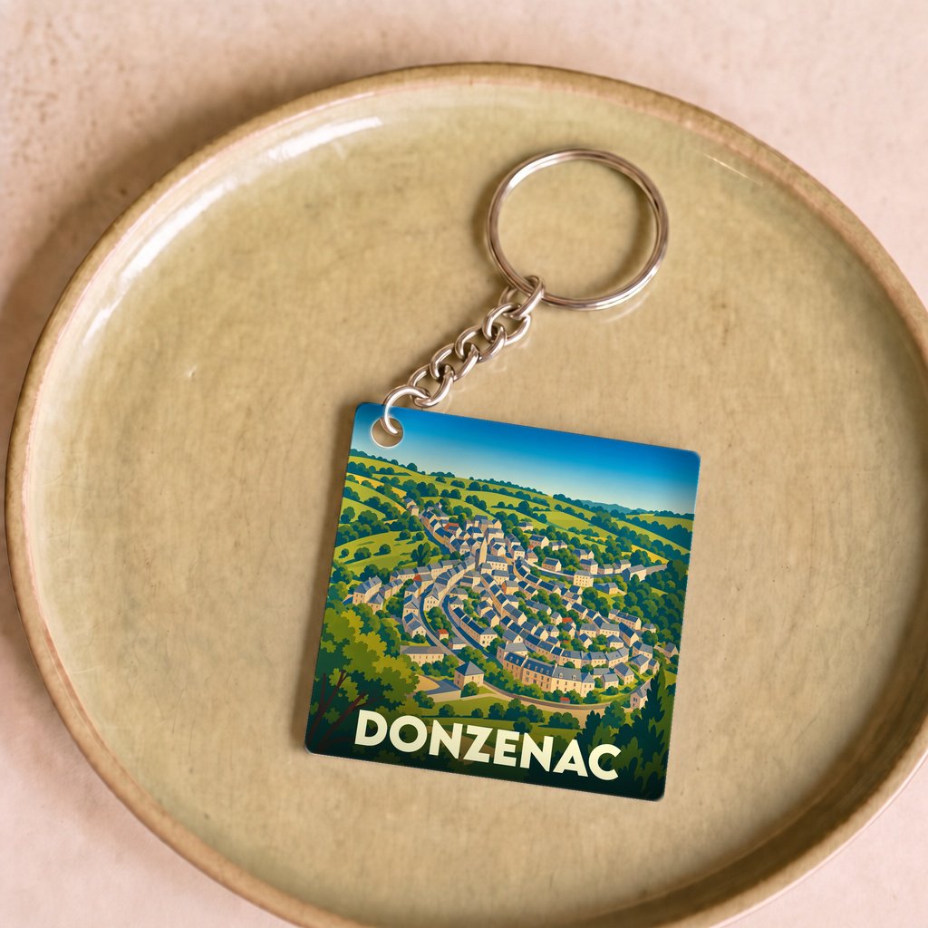 Porte-clés souvenir de la ville de Donzenac avec une illustration stylisée.